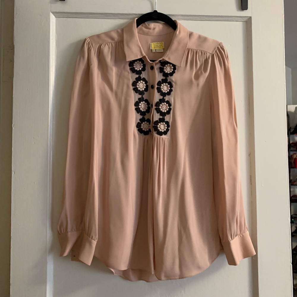 Kate Spade New York Daisy Embroidered Light Pink Silk Flowy Blouse - Size Large